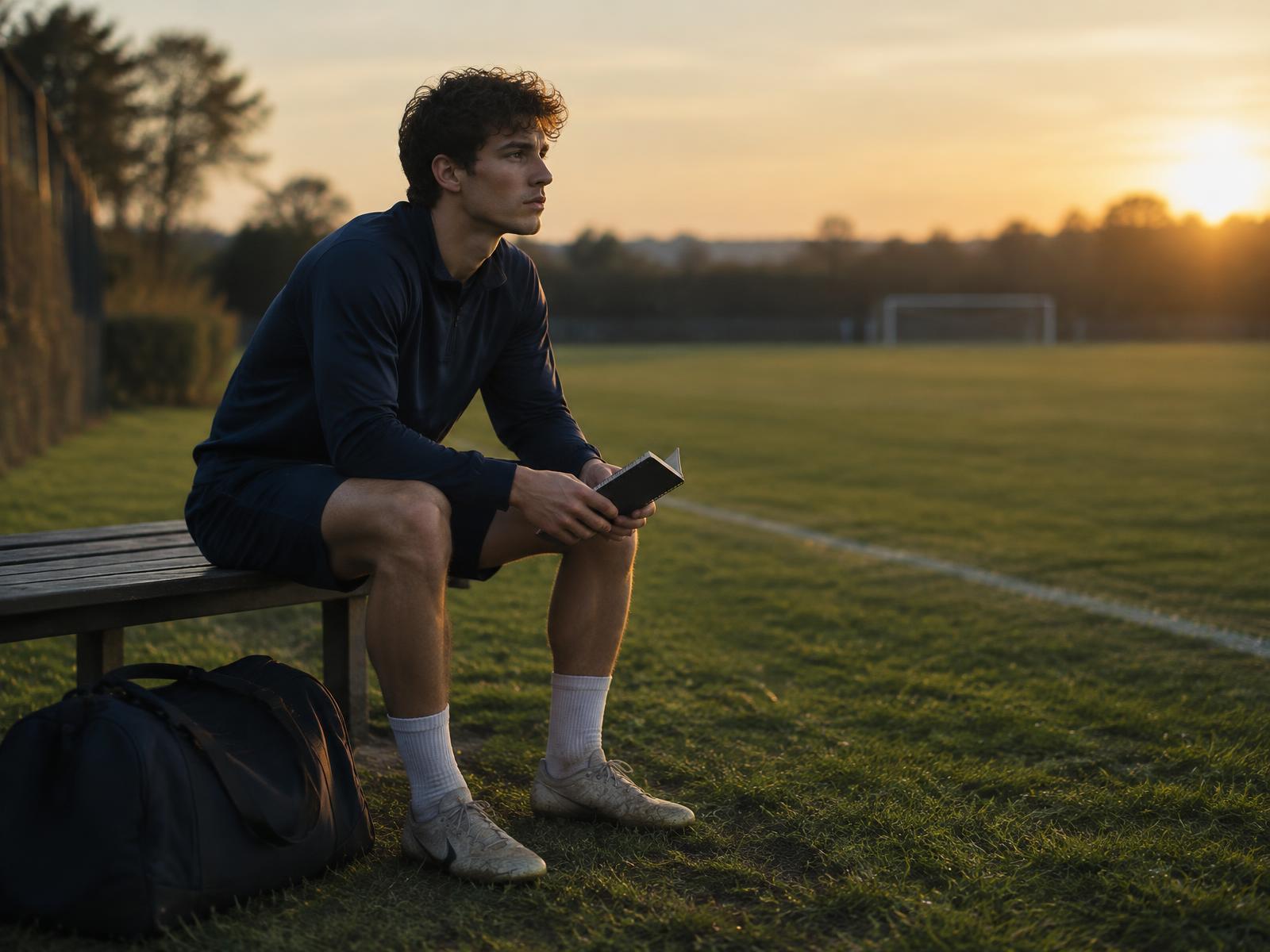 A young footballer sits on a bench beside an empty training pitch at sunset, notebook in hand, looking ahead thoughtfully